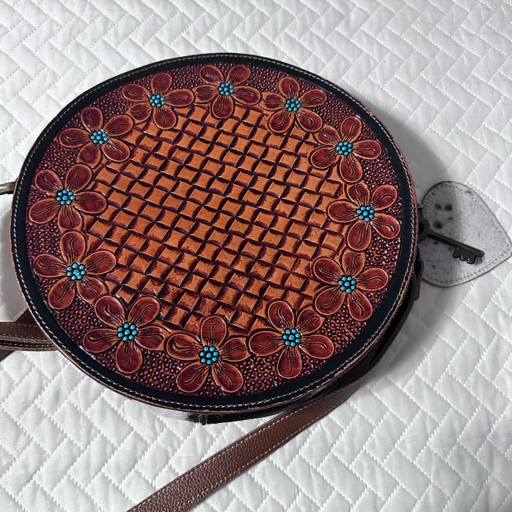 Floral Embossed Round Brown Bag